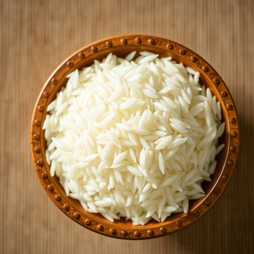 Premium quality rice grains in a wooden bowl